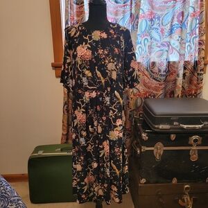 Floral Black Dress, Midi, Buttons Up Back, Fits Like A Large, Labeled 8